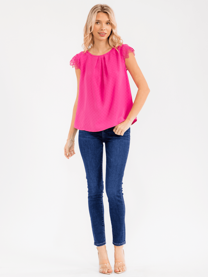 WOMEN'S SHORT CROCHET RUFFLE SLEEVE DETAILED BLOUSE