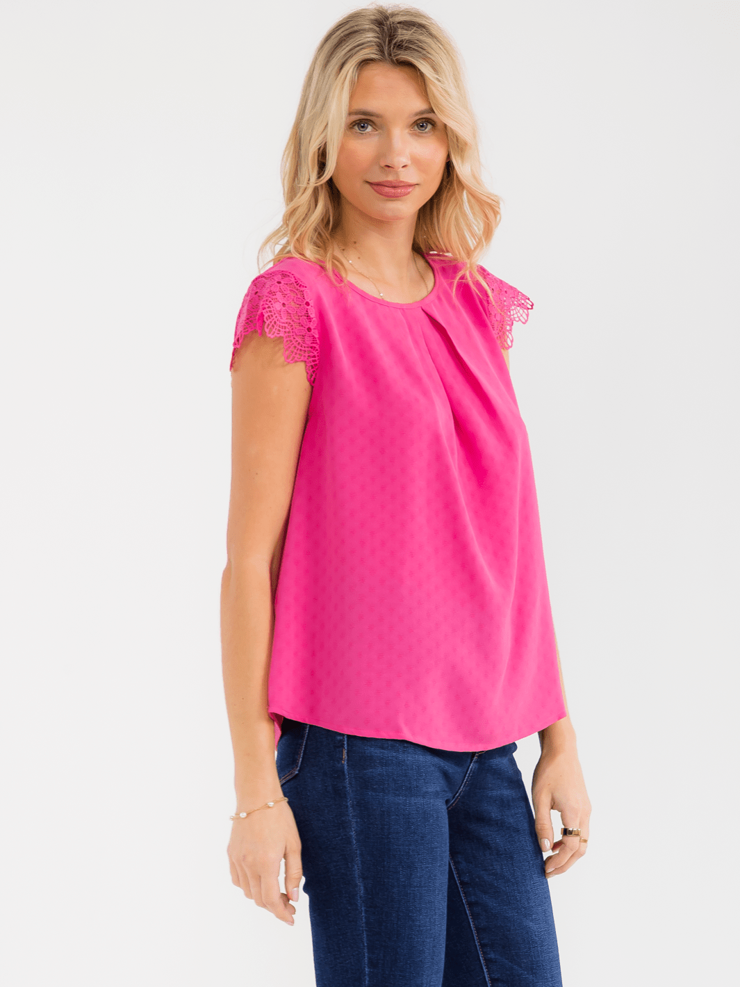 WOMEN'S SHORT CROCHET RUFFLE SLEEVE DETAILED BLOUSE