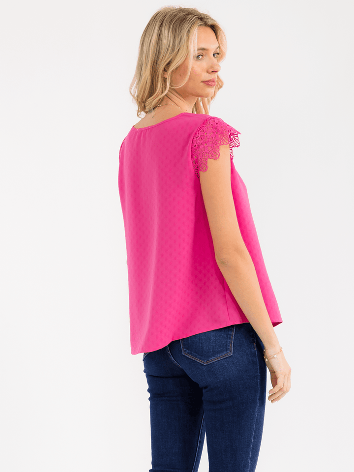 WOMEN'S SHORT CROCHET RUFFLE SLEEVE DETAILED BLOUSE