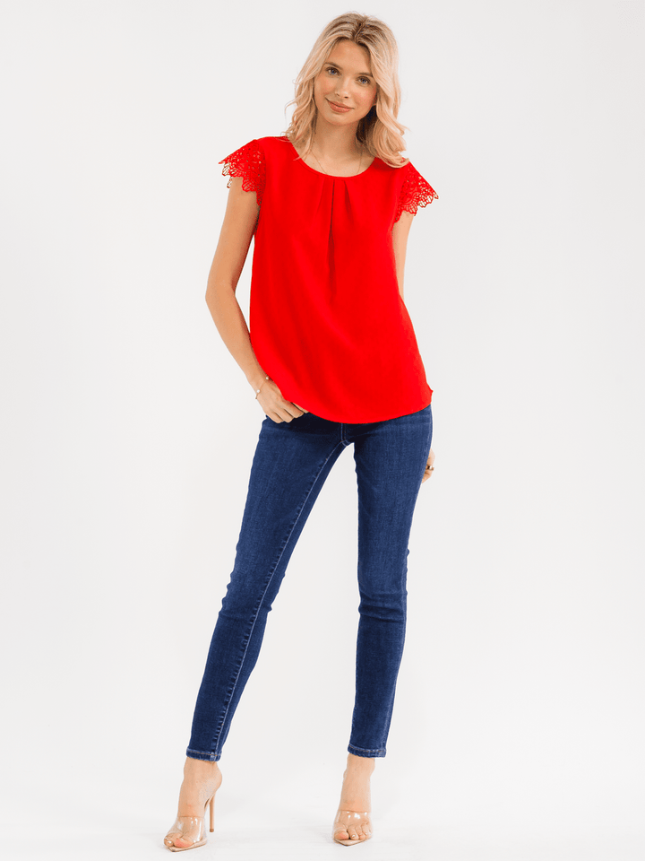 WOMEN'S SHORT CROCHET RUFFLE SLEEVE DETAILED BLOUSE