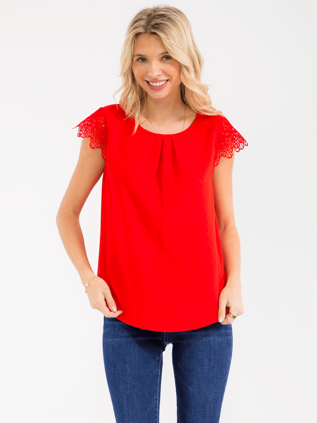 WOMEN'S SHORT CROCHET RUFFLE SLEEVE DETAILED BLOUSE