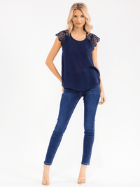 WOMEN'S SHORT CROCHET SLEEVE BACK BUTTONS DETAILED BLOUSE