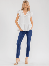 WOMEN'S SHORT RUFFLE SLEEVEV-NECK DETAILED PEPLUM BLOUSE