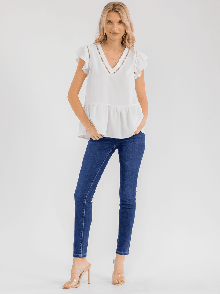 WOMEN'S SHORT RUFFLE SLEEVEV-NECK DETAILED PEPLUM BLOUSE