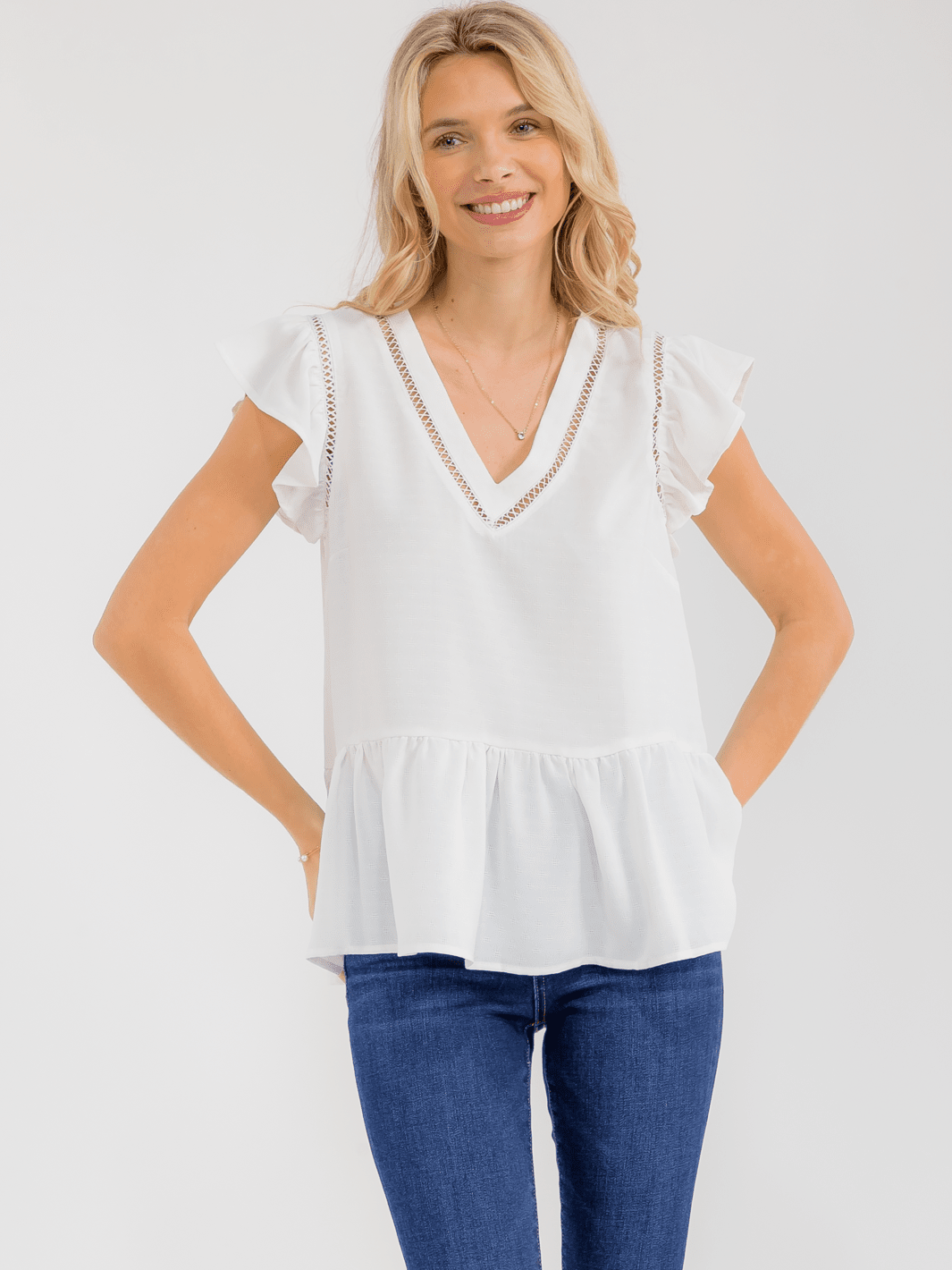 WOMEN'S SHORT RUFFLE SLEEVEV-NECK DETAILED PEPLUM BLOUSE