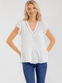 WOMEN'S SHORT RUFFLE SLEEVEV-NECK DETAILED PEPLUM BLOUSE