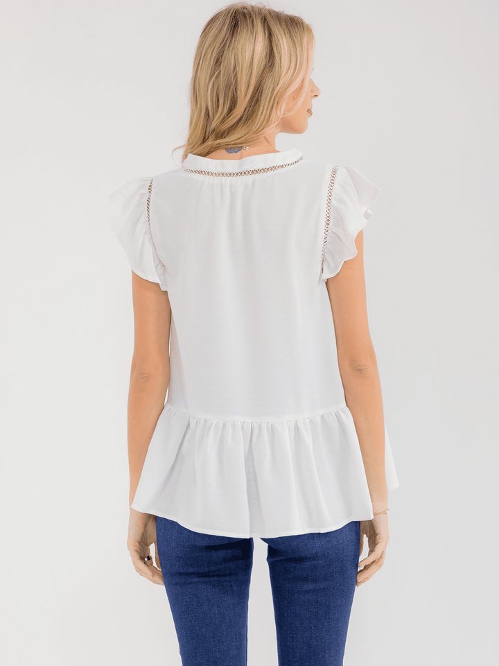 WOMEN'S SHORT RUFFLE SLEEVEV-NECK DETAILED PEPLUM BLOUSE