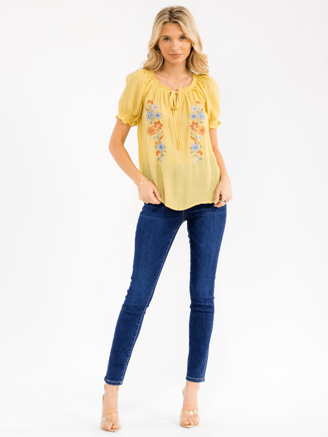 WOMEN'S SHORT SLEEVE V-NECK FRONT TIE EMBROIDERY FLORAL BLOUSE