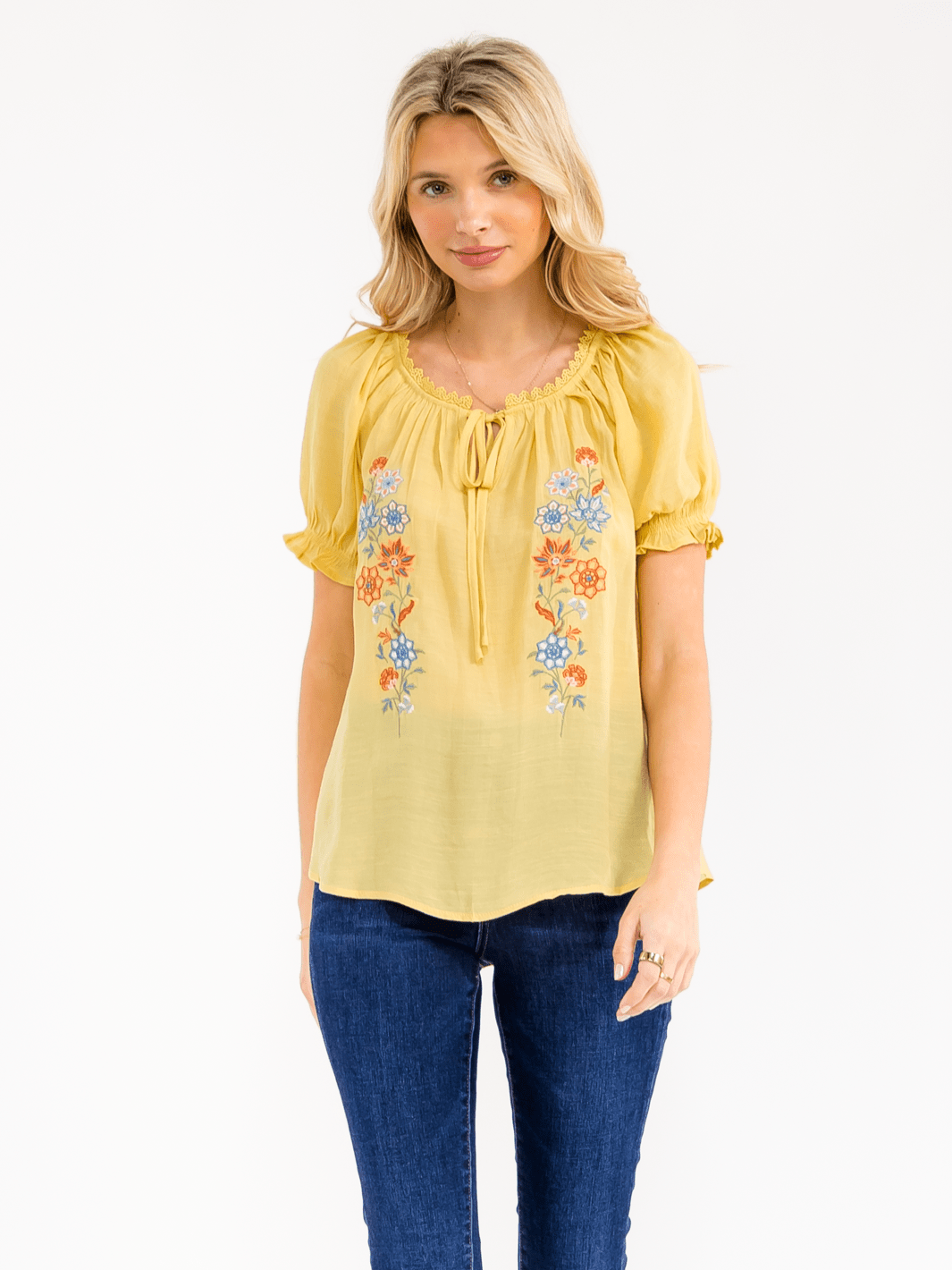 WOMEN'S SHORT SLEEVE V-NECK FRONT TIE EMBROIDERY FLORAL BLOUSE