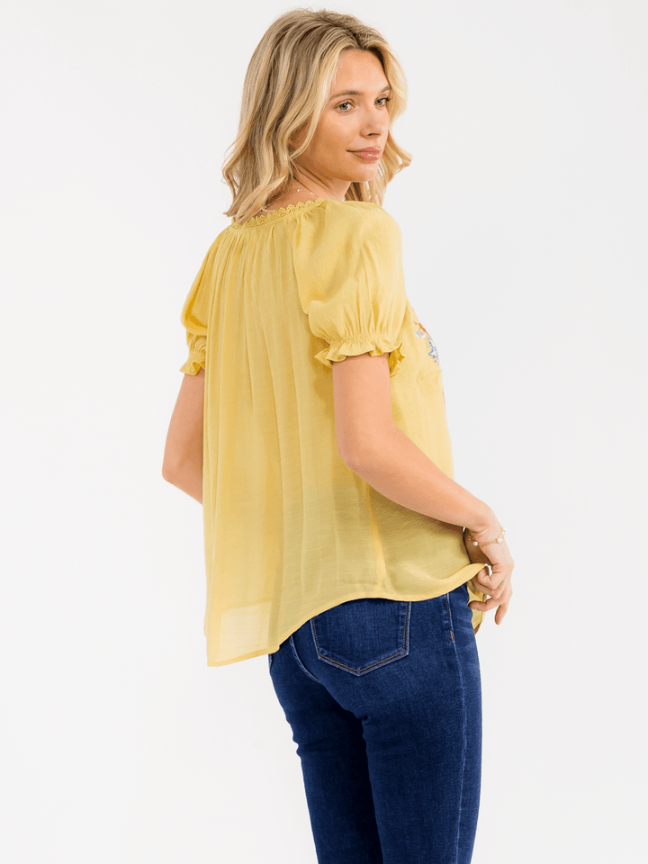 WOMEN'S SHORT SLEEVE V-NECK FRONT TIE EMBROIDERY FLORAL BLOUSE