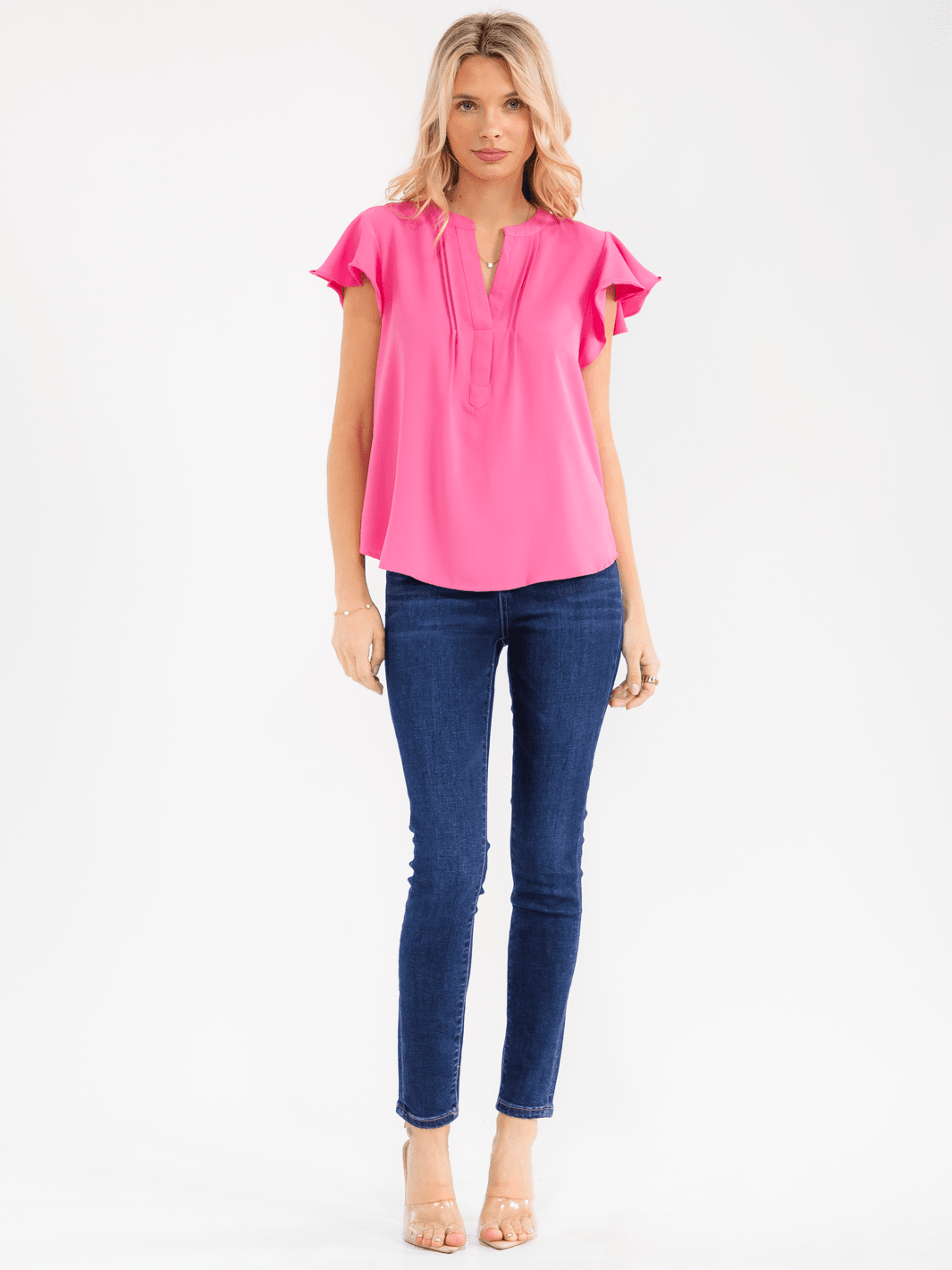 WOMEN'S SHORT RUFFLE SLEEVE V-NECK DETAILED BLOUSE