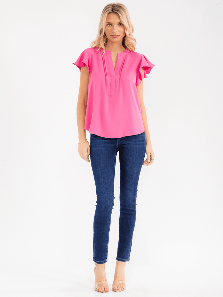 WOMEN'S SHORT RUFFLE SLEEVE V-NECK DETAILED BLOUSE