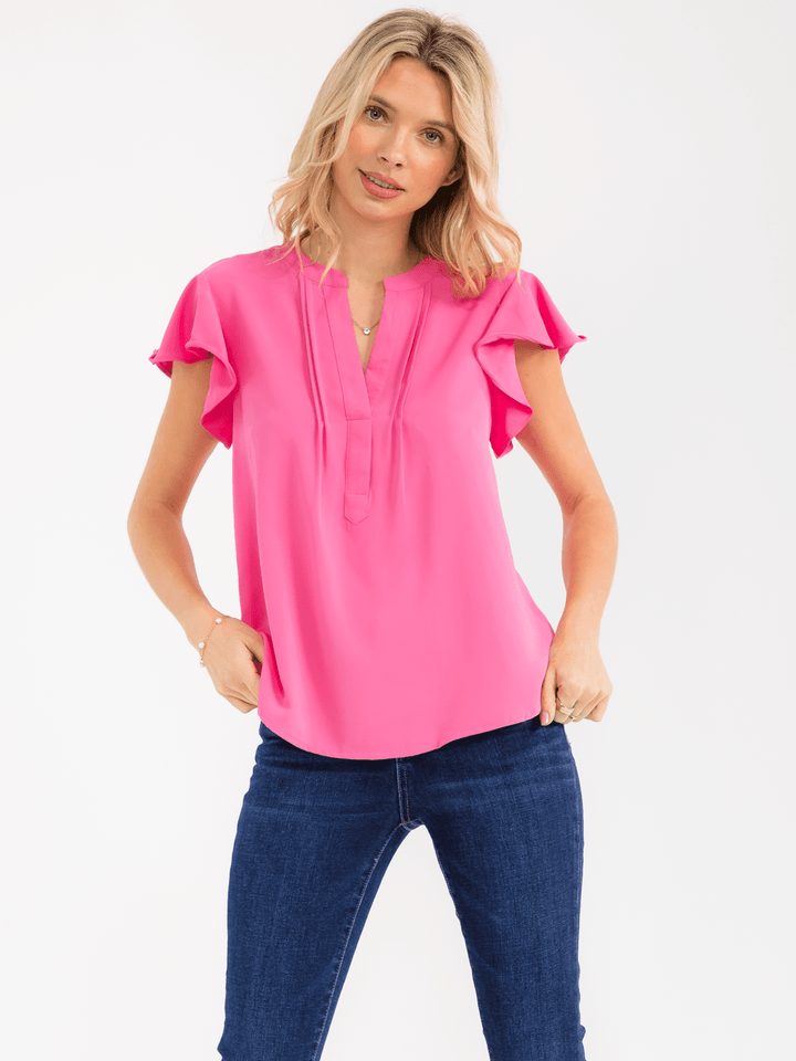 WOMEN'S SHORT RUFFLE SLEEVE V-NECK DETAILED BLOUSE