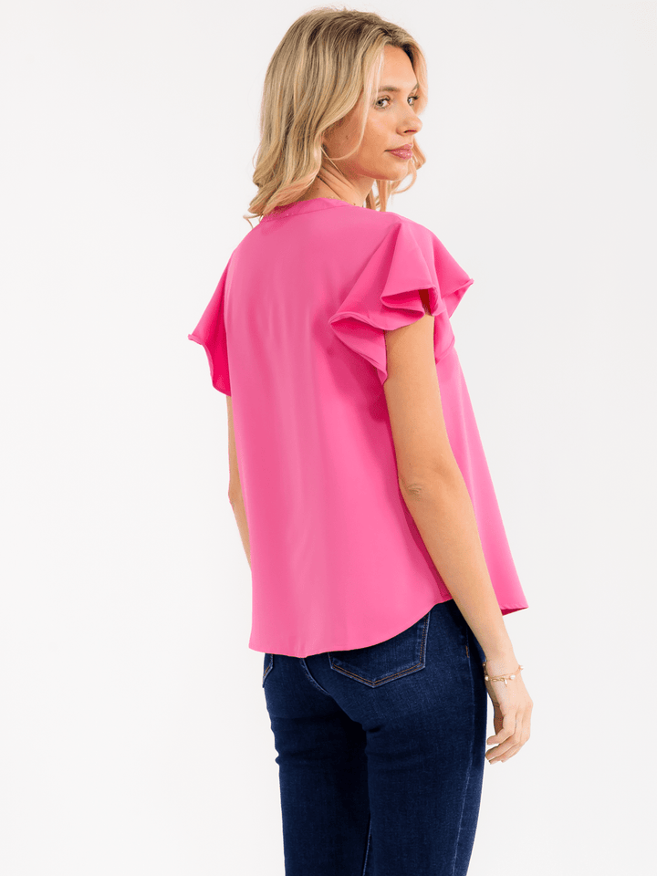 WOMEN'S SHORT RUFFLE SLEEVE V-NECK DETAILED BLOUSE