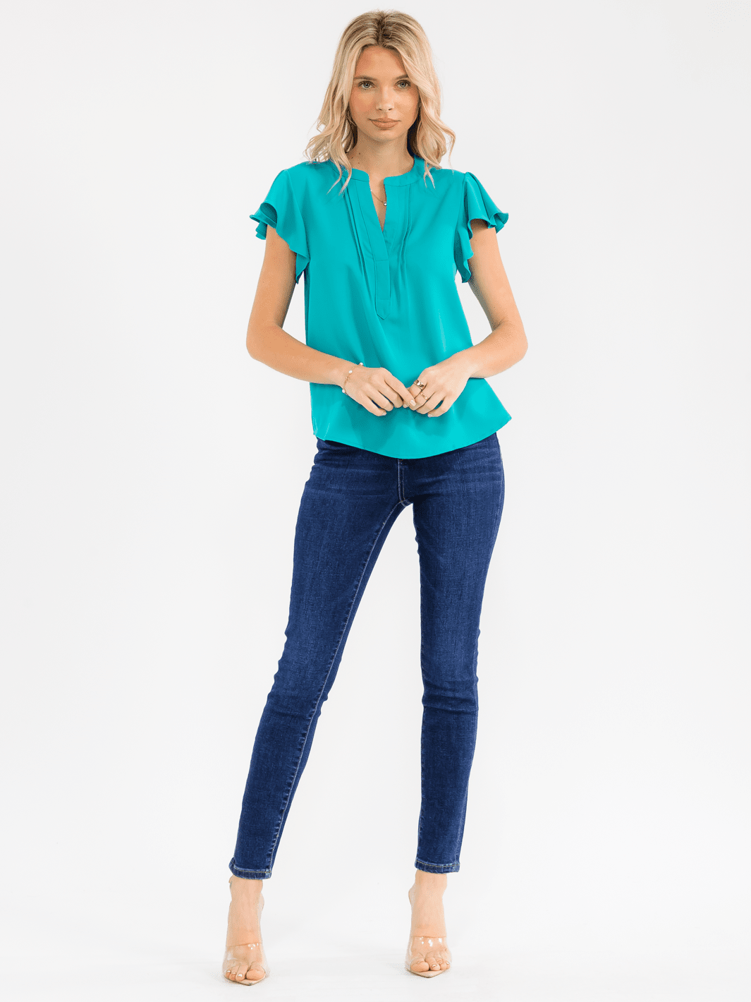 WOMEN'S SHORT RUFFLE SLEEVE V-NECK DETAILED BLOUSE