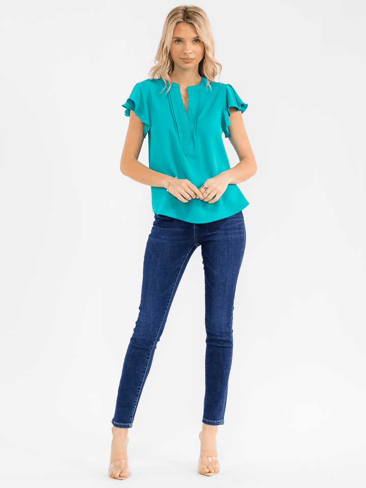 WOMEN'S SHORT RUFFLE SLEEVE V-NECK DETAILED BLOUSE