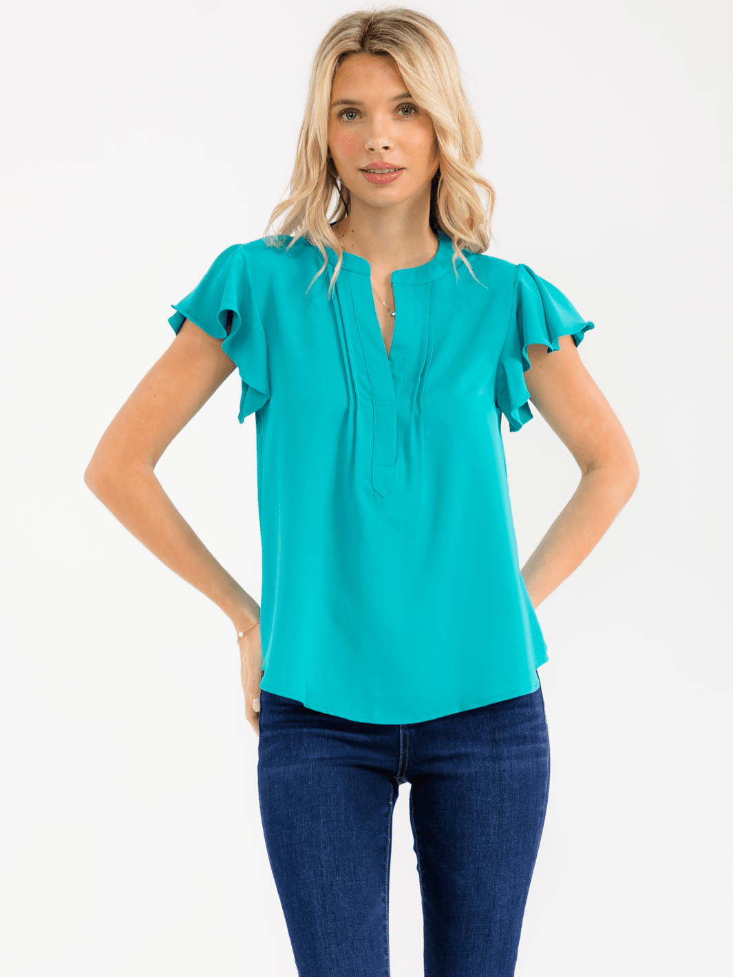 WOMEN'S SHORT RUFFLE SLEEVE V-NECK DETAILED BLOUSE