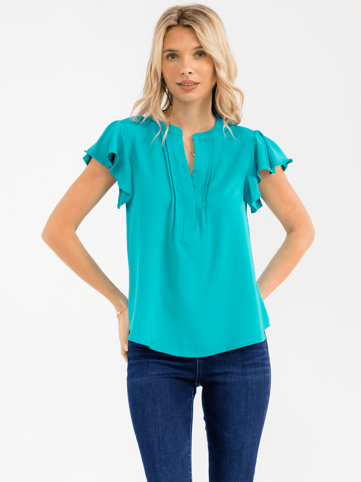 WOMEN'S SHORT RUFFLE SLEEVE V-NECK DETAILED BLOUSE