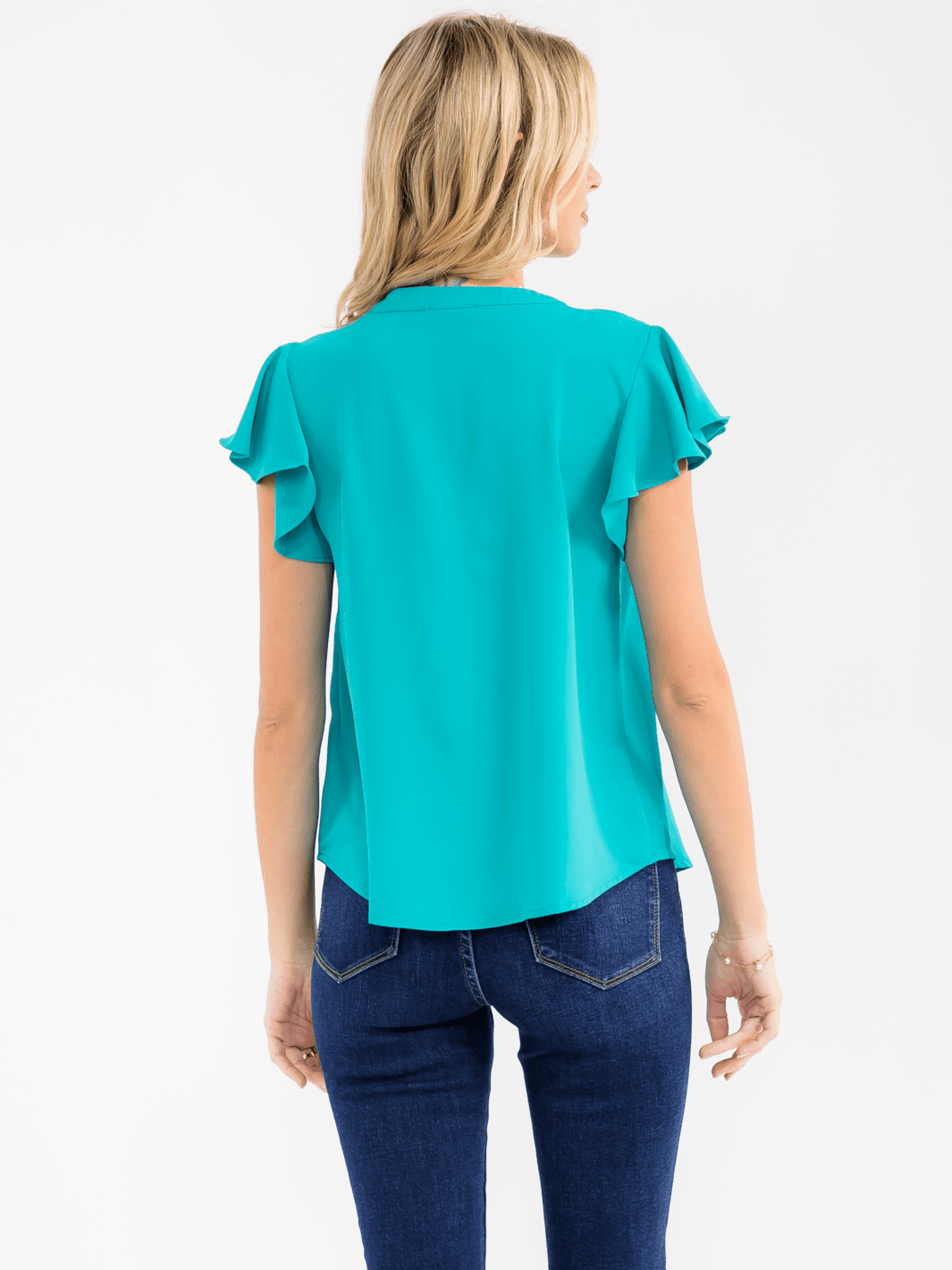 WOMEN'S SHORT RUFFLE SLEEVE V-NECK DETAILED BLOUSE