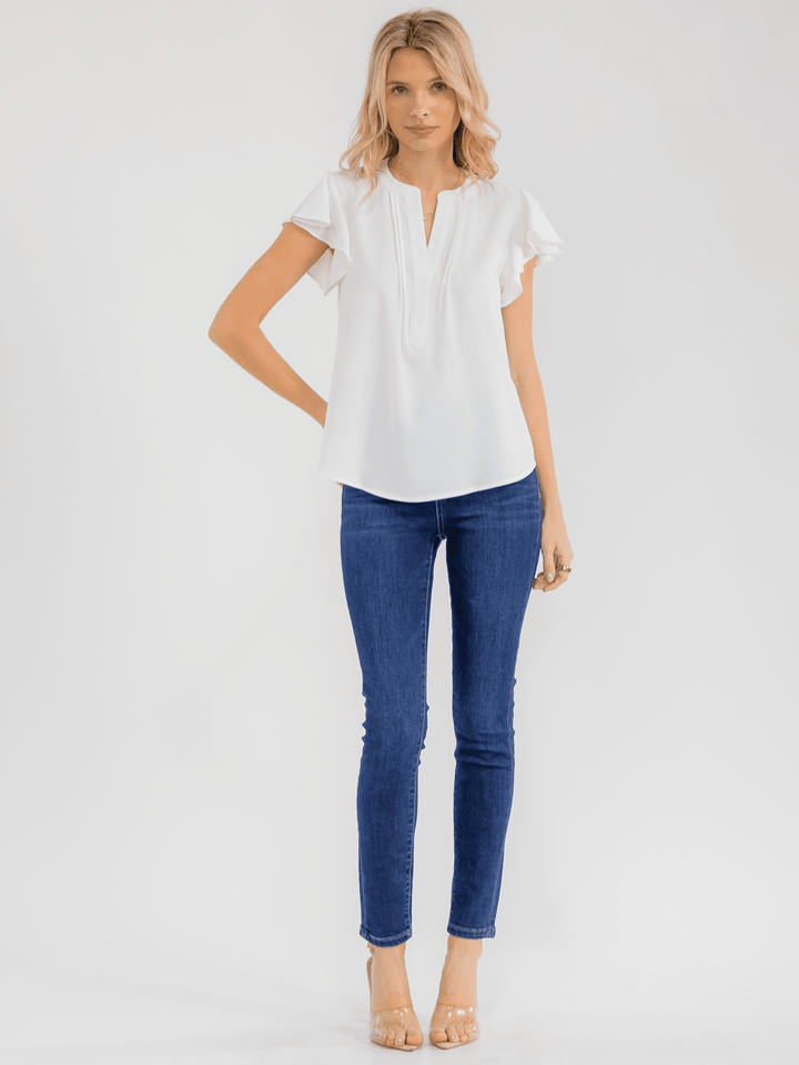 WOMEN'S SHORT RUFFLE SLEEVE V-NECK DETAILED BLOUSE