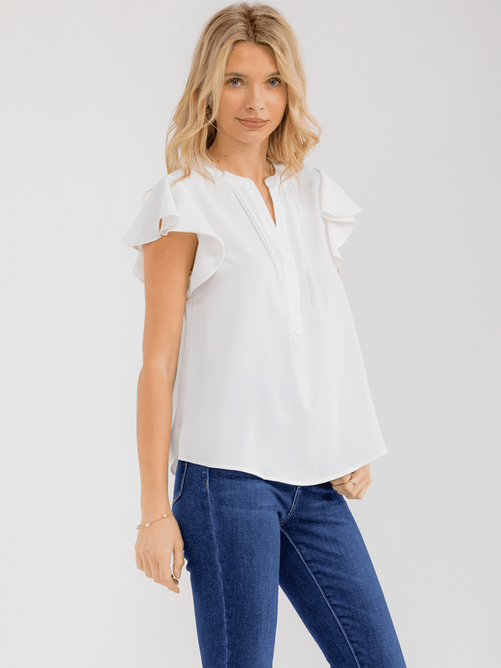 WOMEN'S SHORT RUFFLE SLEEVE V-NECK DETAILED BLOUSE