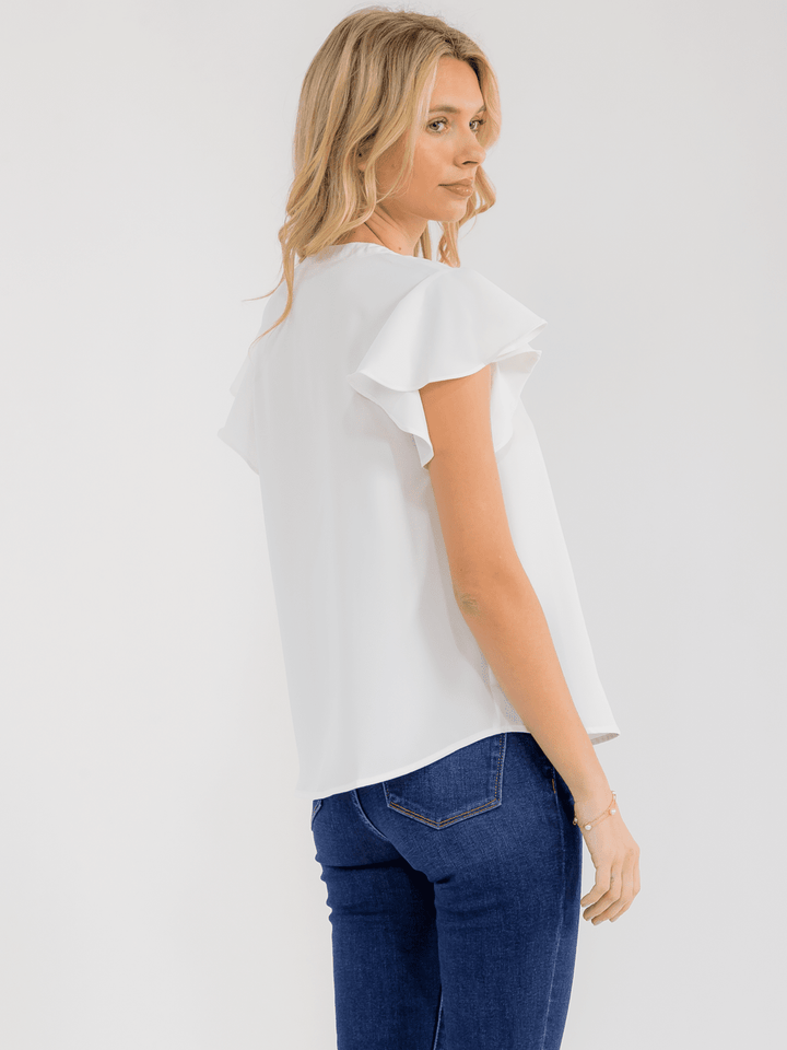 WOMEN'S SHORT RUFFLE SLEEVE V-NECK DETAILED BLOUSE