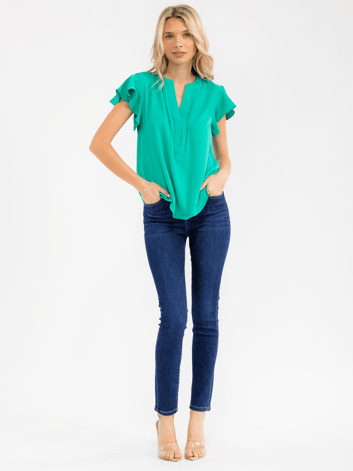 WOMEN'S SHORT RUFFLE SLEEVE V-NECK DETAILED BLOUSE