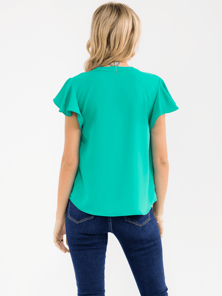 WOMEN'S SHORT RUFFLE SLEEVE V-NECK DETAILED BLOUSE