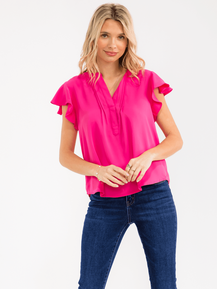 WOMEN'S SHORT RUFFLE SLEEVE V-NECK DETAILED BLOUSE