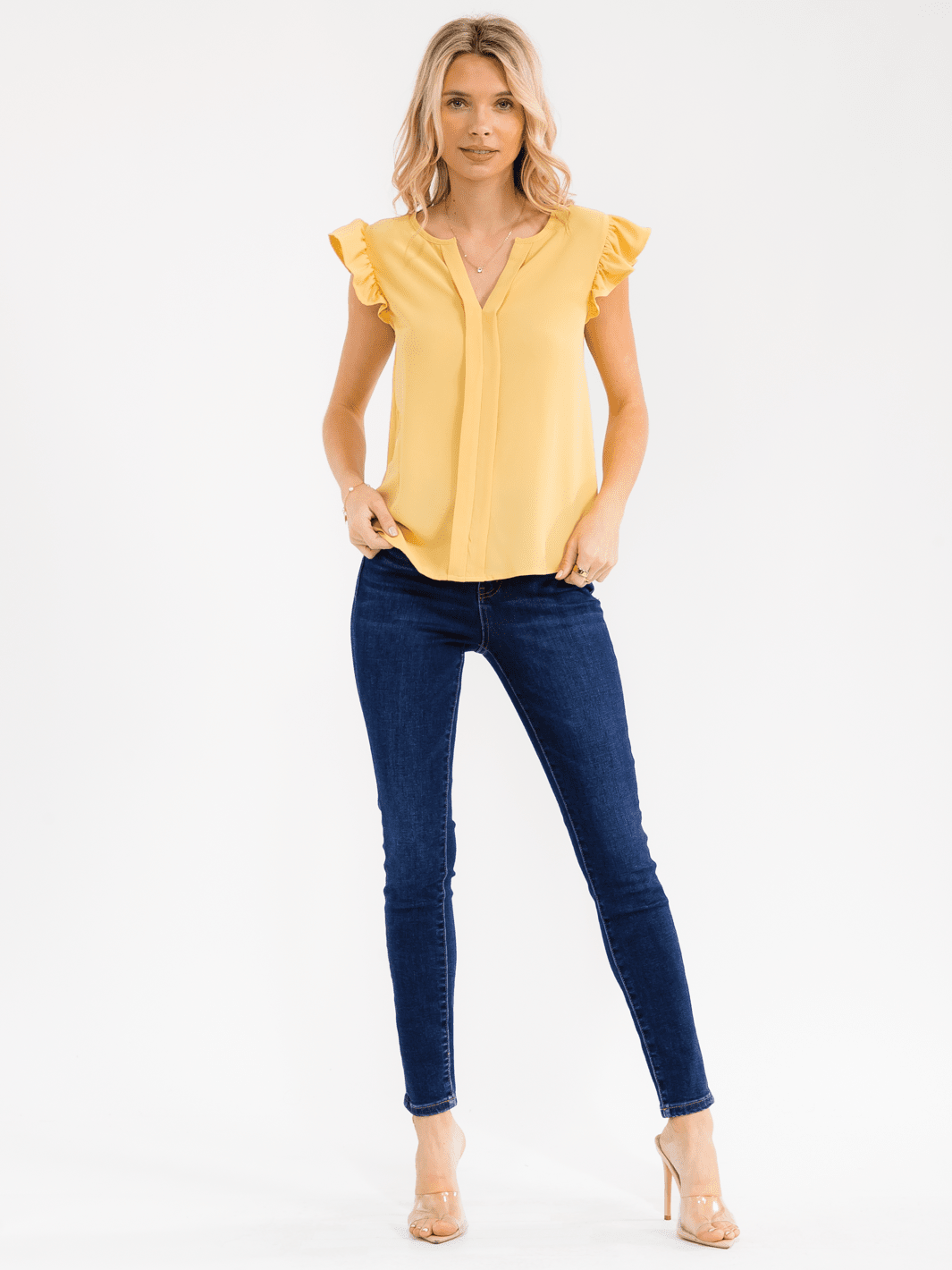 WOMEN'S RUFFLE SLEEVE V-NECK DETAILED BLOUSE