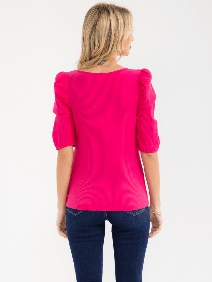WOMEN'S SHORT PUFF SLEEVE V-NECK RIBBED BLOUSE