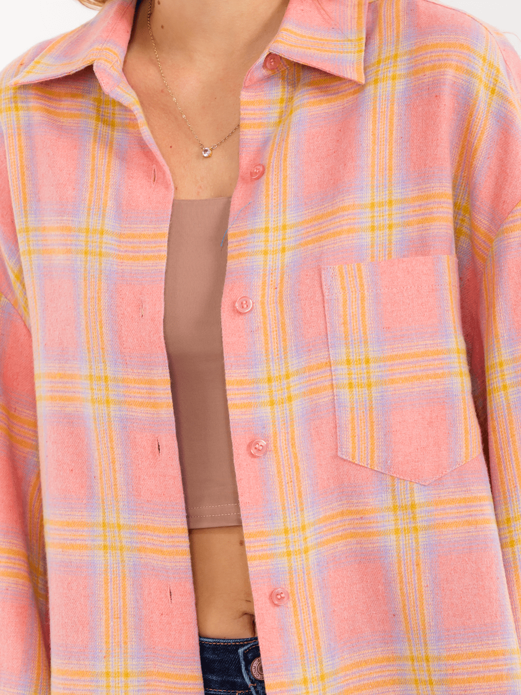 WOMEN'S LONG SLEEVE BUTTON UP FRONT POCKET PLAID OVERSIZED SHIRT