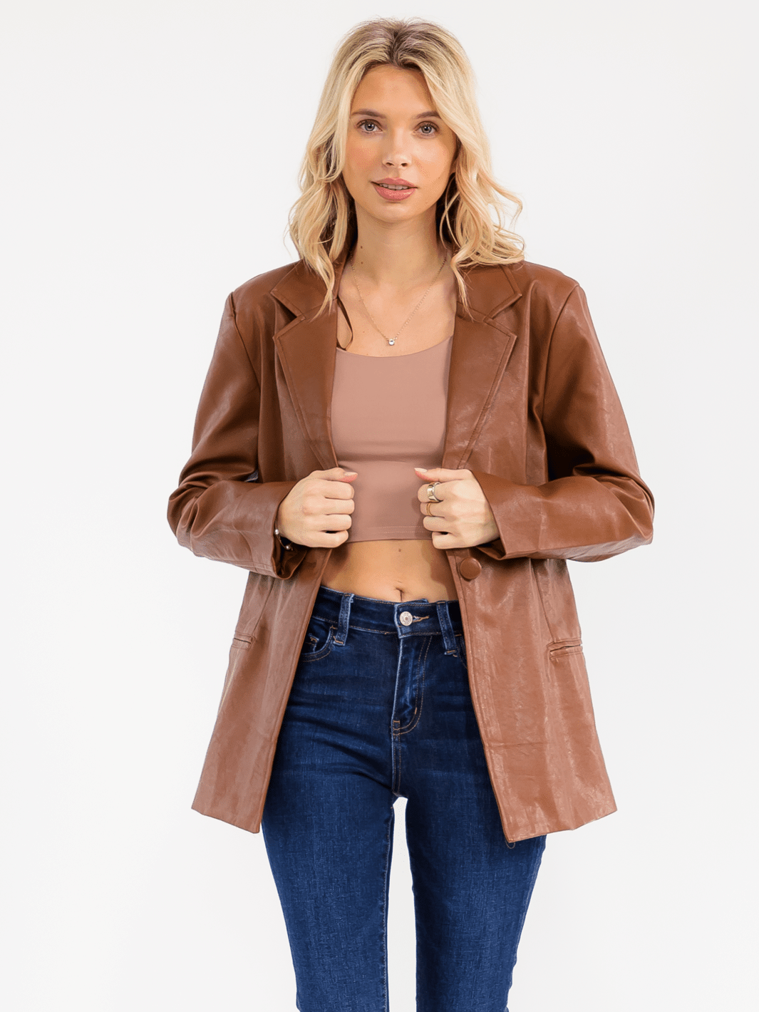 WOMEN'S LONG SLEEVE BUTTON CLOSURE PU PLEATHER JACKET