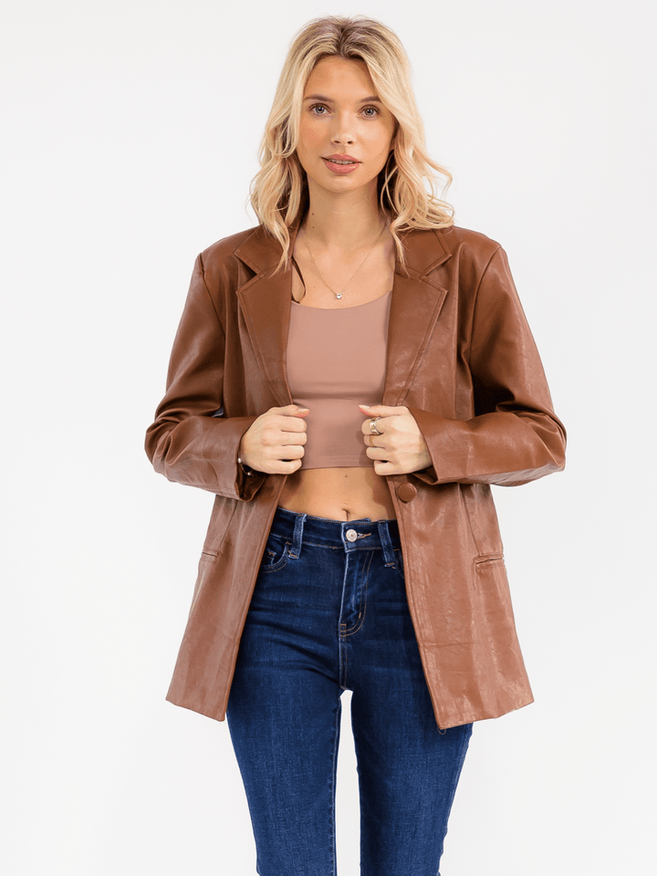 WOMEN'S LONG SLEEVE BUTTON CLOSURE PU PLEATHER JACKET