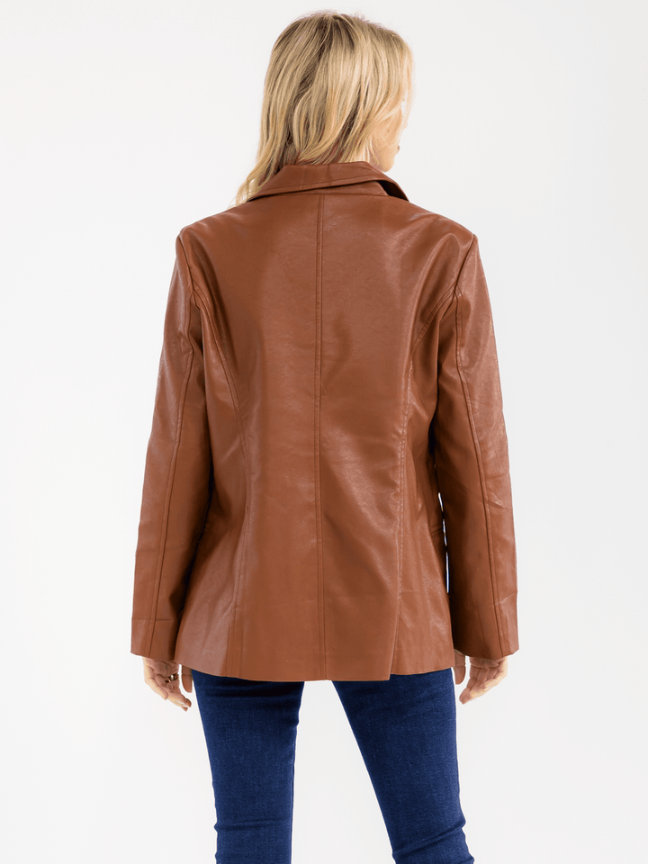WOMEN'S LONG SLEEVE BUTTON CLOSURE PU PLEATHER JACKET