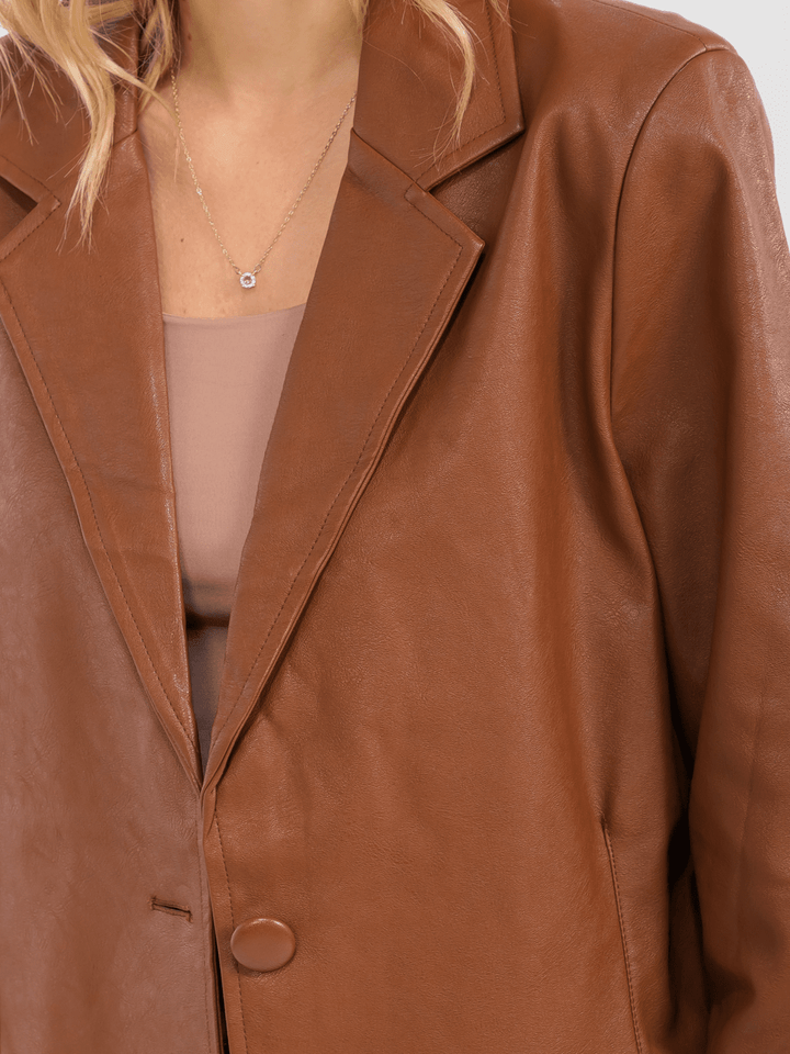 WOMEN'S LONG SLEEVE BUTTON CLOSURE PU PLEATHER JACKET
