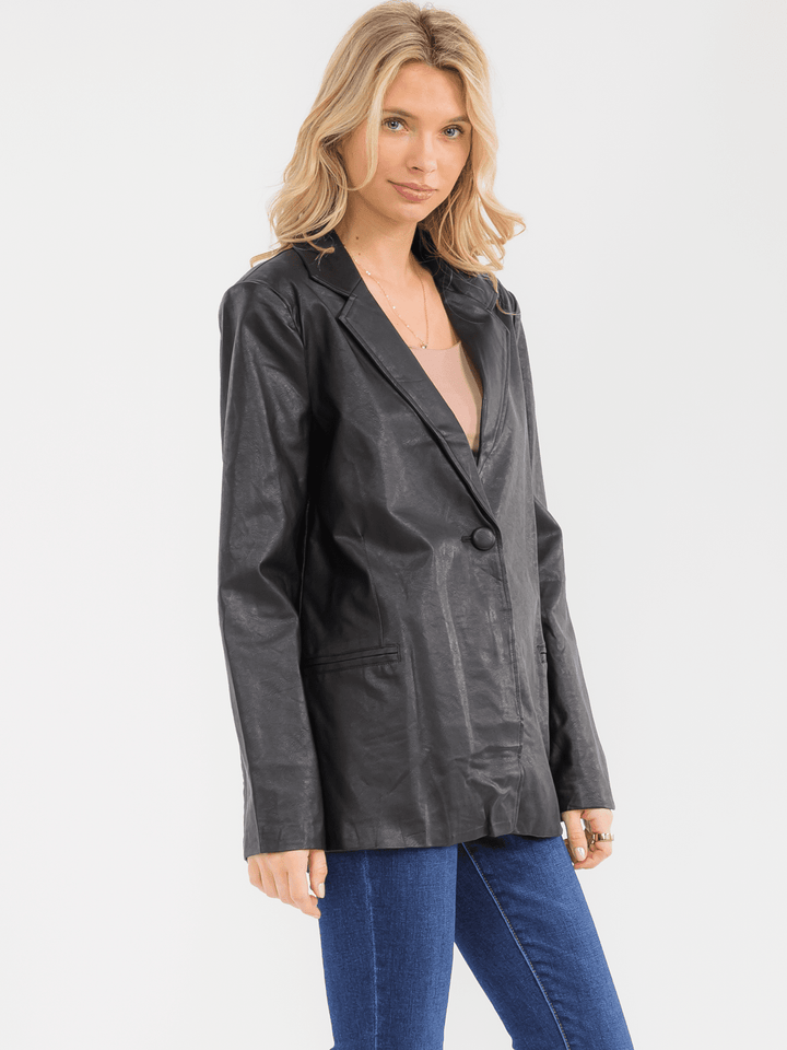 WOMEN'S LONG SLEEVE BUTTON CLOSURE PU PLEATHER JACKET
