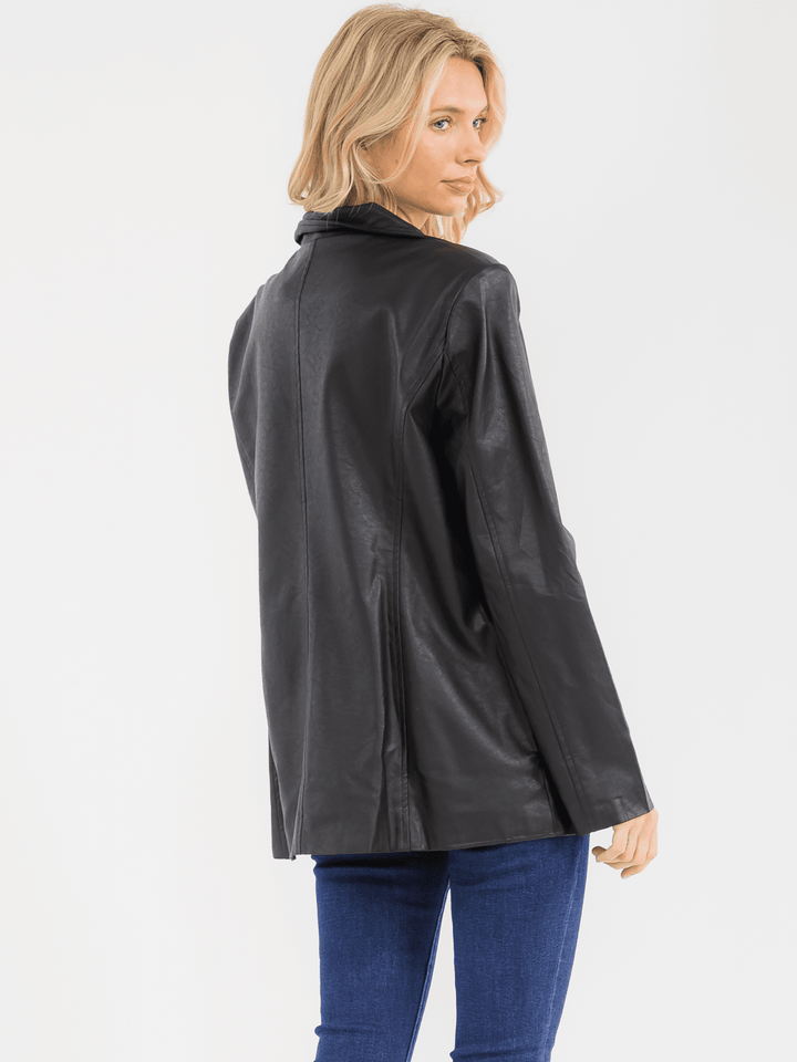 WOMEN'S LONG SLEEVE BUTTON CLOSURE PU PLEATHER JACKET