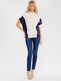 WOMEN'S SHORT SLEEVE MOCK NECK COLORBLOCK KNIT SWEATER TOP