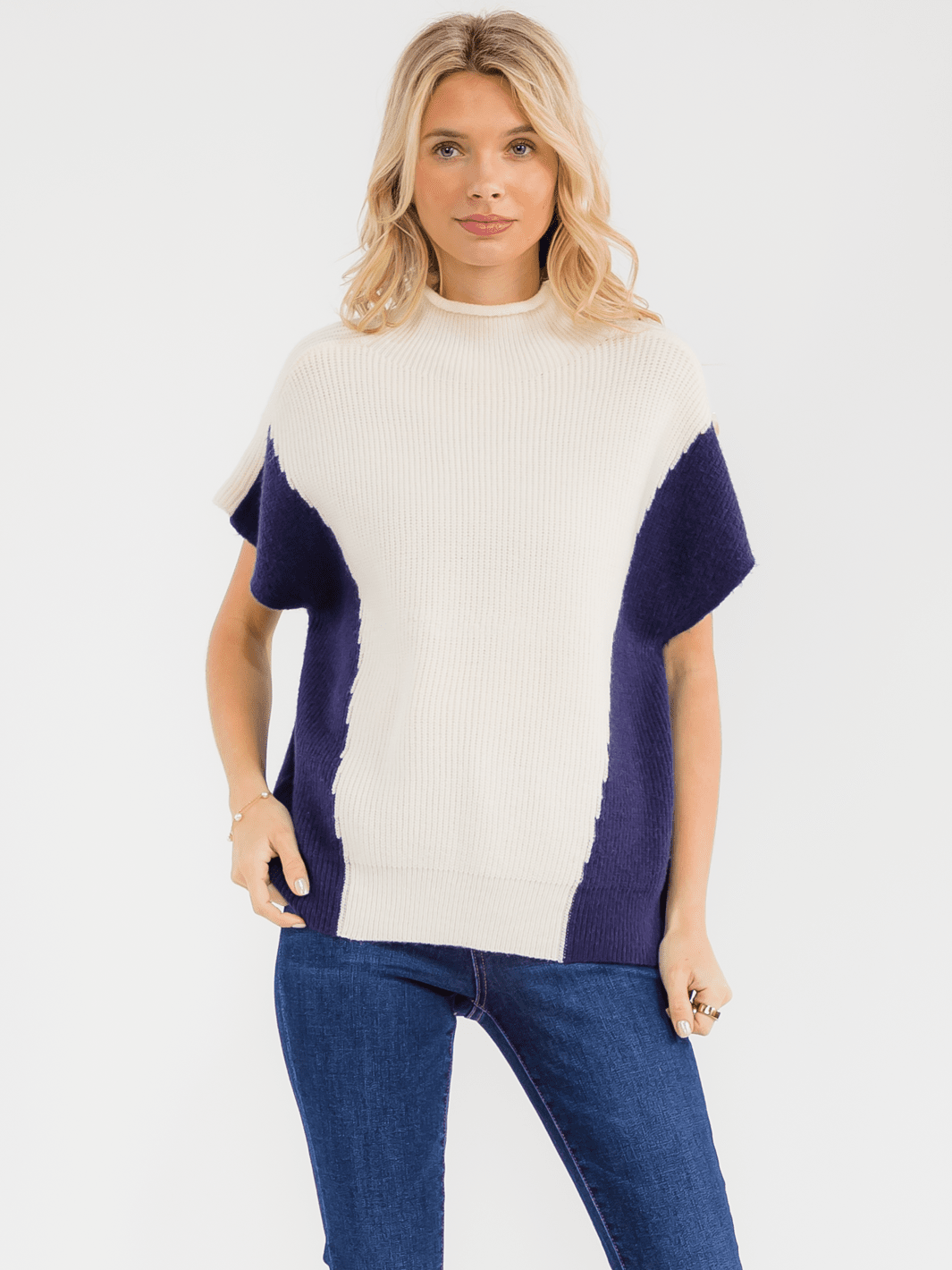 WOMEN'S SHORT SLEEVE MOCK NECK COLORBLOCK KNIT SWEATER TOP