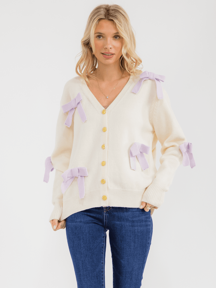WOMEN'S LONG SLEEVE BUTTON CLOSURE BOW DETAILED KNIT SWEATER