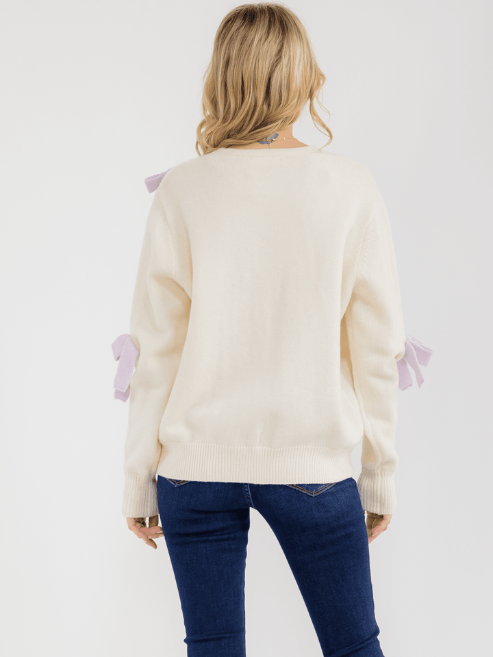 WOMEN'S LONG SLEEVE BUTTON CLOSURE BOW DETAILED KNIT SWEATER