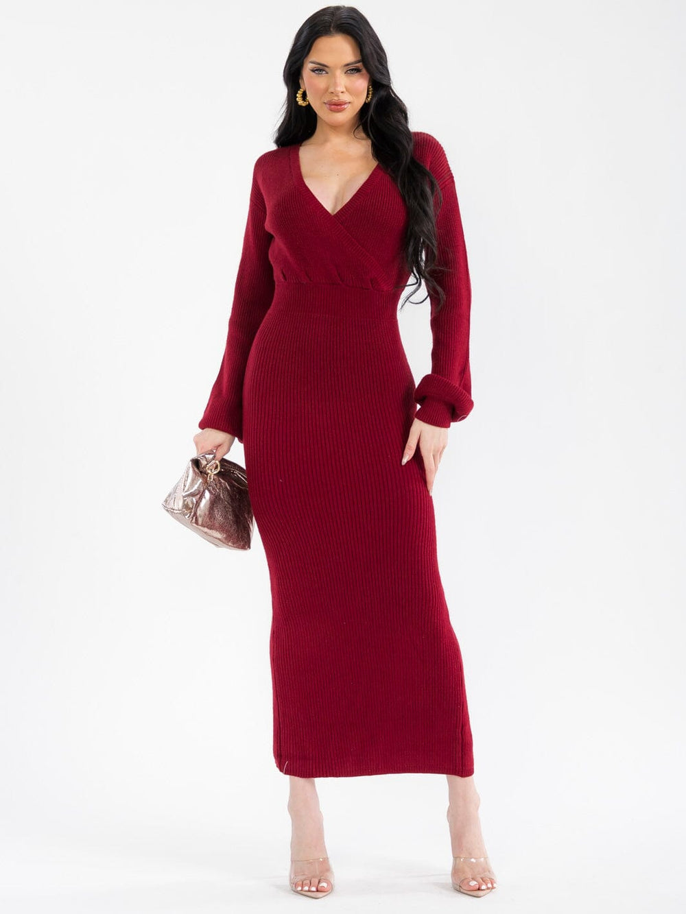WOMEN'S LONG SLEEVE SURPLICE RIBBED BODYCON MAXI DRESS