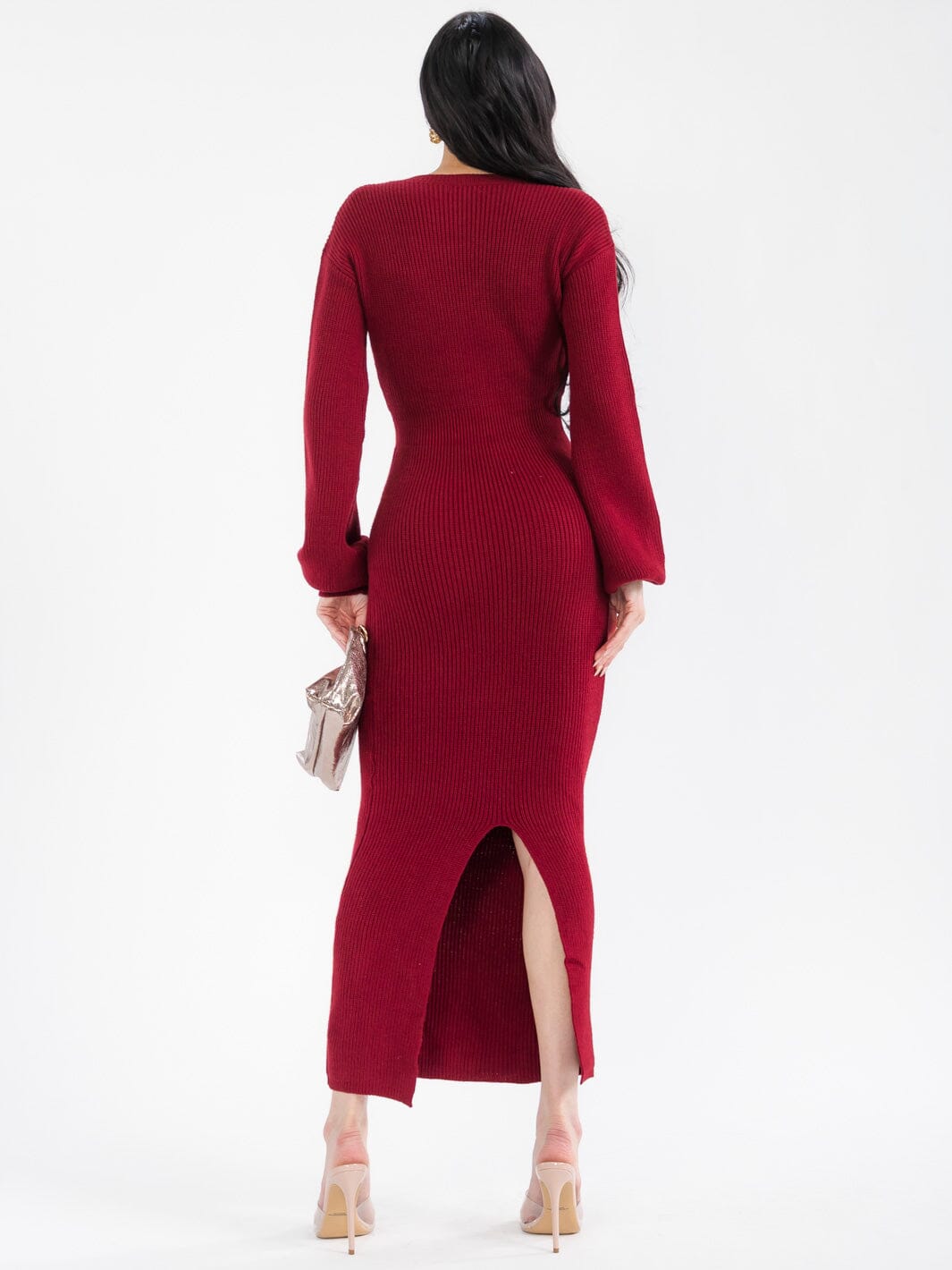 WOMEN'S LONG SLEEVE SURPLICE RIBBED BODYCON MAXI DRESS