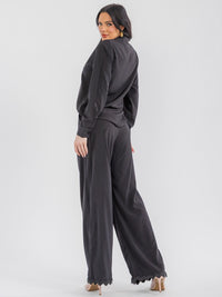 WOMEN'S LONG SLEEVE TOP & BUTTON CLOSURE PANTS TRIM DETAILED 2PC. SET