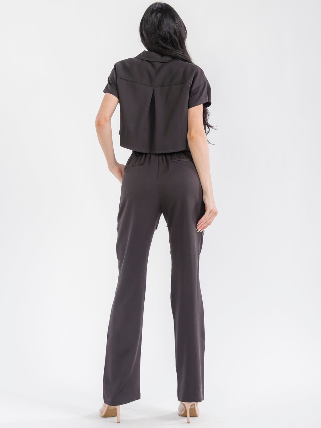 WOMEN'S SHORT SLEEVE TOP & BUTTON CLOSURE PANTS STUDS CUT OUT 2PC. SET