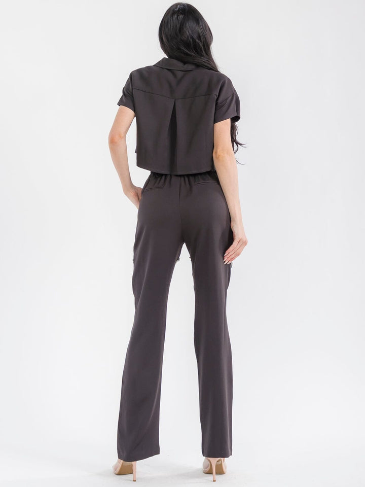 WOMEN'S SHORT SLEEVE TOP & BUTTON CLOSURE PANTS STUDS CUT OUT 2PC. SET