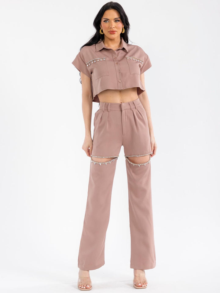 WOMEN'S SHORT SLEEVE TOP & BUTTON CLOSURE PANTS STUDS CUT OUT 2PC. SET