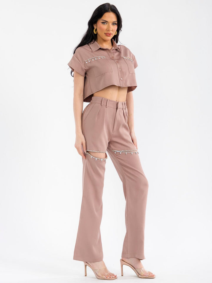 WOMEN'S SHORT SLEEVE TOP & BUTTON CLOSURE PANTS STUDS CUT OUT 2PC. SET