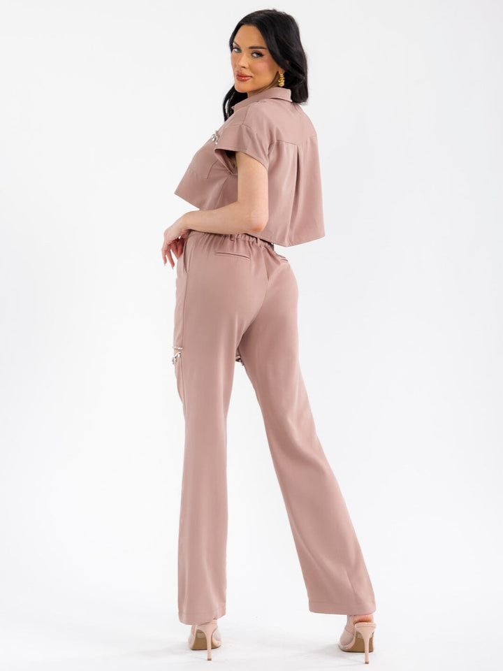 WOMEN'S SHORT SLEEVE TOP & BUTTON CLOSURE PANTS STUDS CUT OUT 2PC. SET